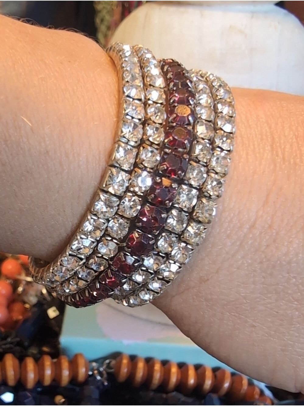 X5 Crystal Stretch Bracelet Set with Deep Garnet Accents